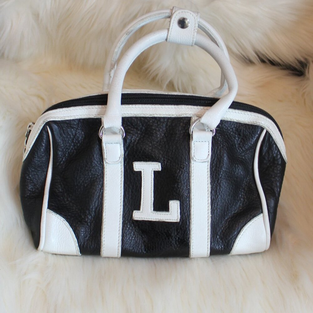 Roots mini leather bag black white with  L letter double zip Made in Canada